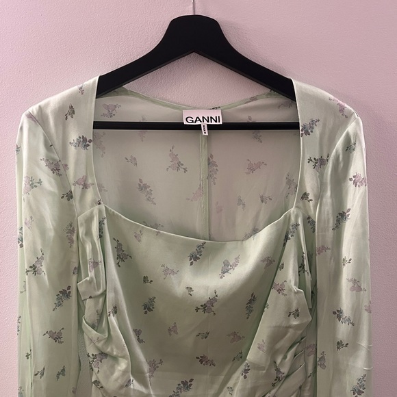 Ganni Light Green Floral Long Sleeve Dress - Picture 3 of 12